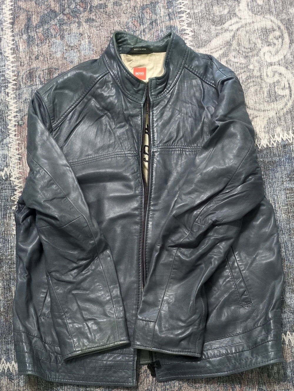 BOSS Men's Navy Leather Bomber Jacket-Large